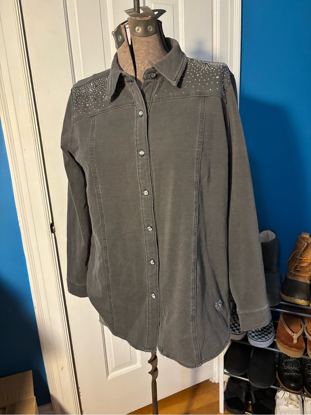 Quacker Factory Dream Jeanne’s Be Jeweled Button Front Shirt in Charcoal